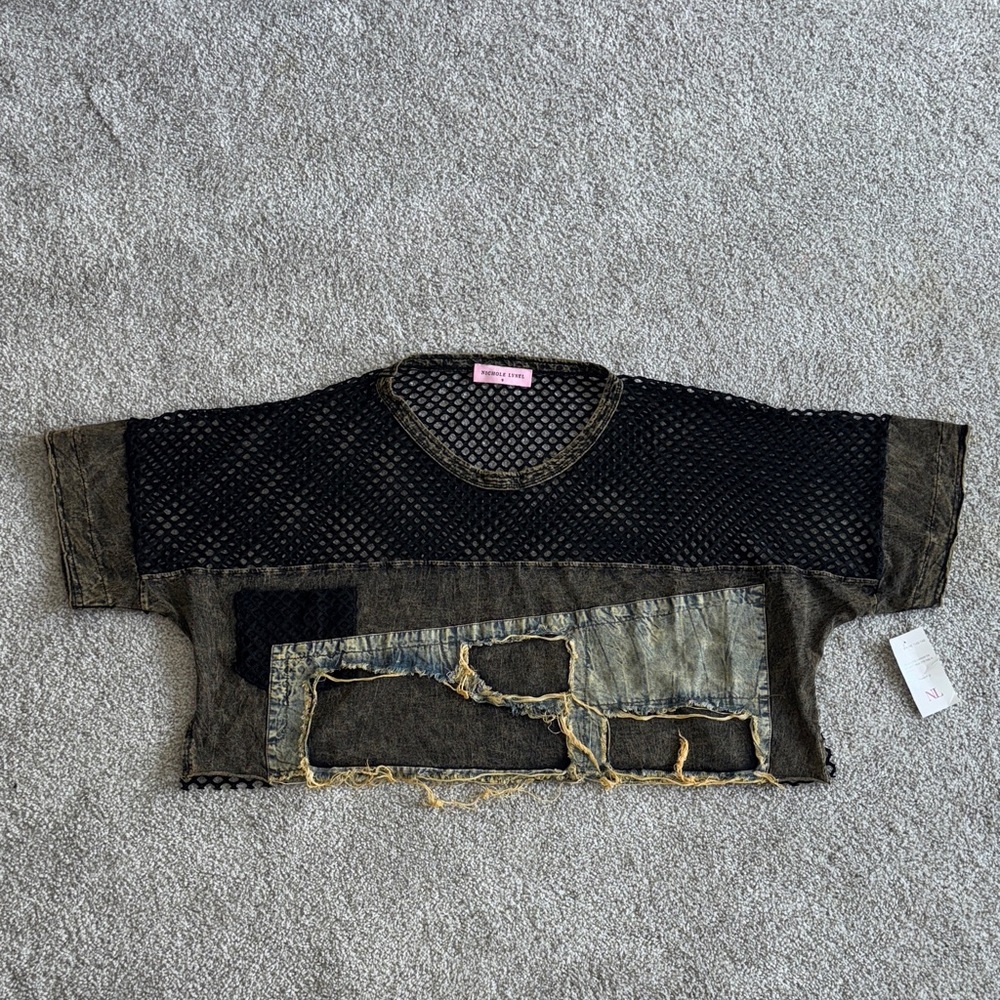 Kids Distressed Black & Olive Mesh Patchwork Top